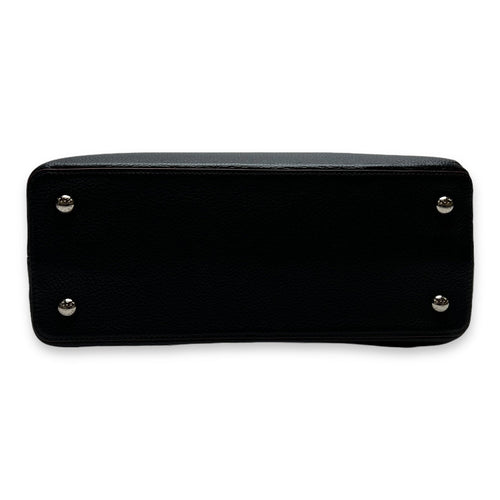 Capucines MM Black Top Handle Bag in Taurillon Leather, Silver hardware
