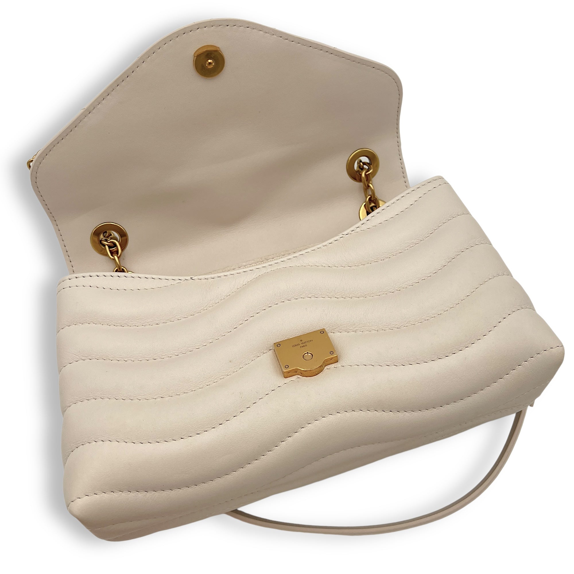 New Wave Beige Crossbody Bag in Calfskin, Gold hardware