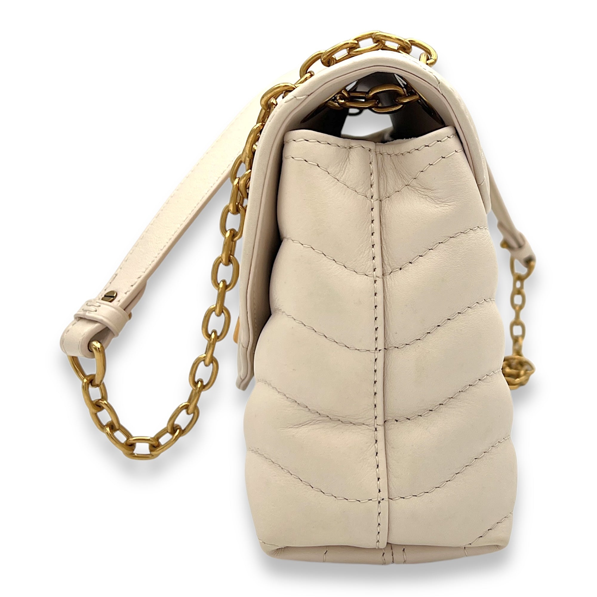 New Wave Beige Crossbody Bag in Calfskin, Gold hardware