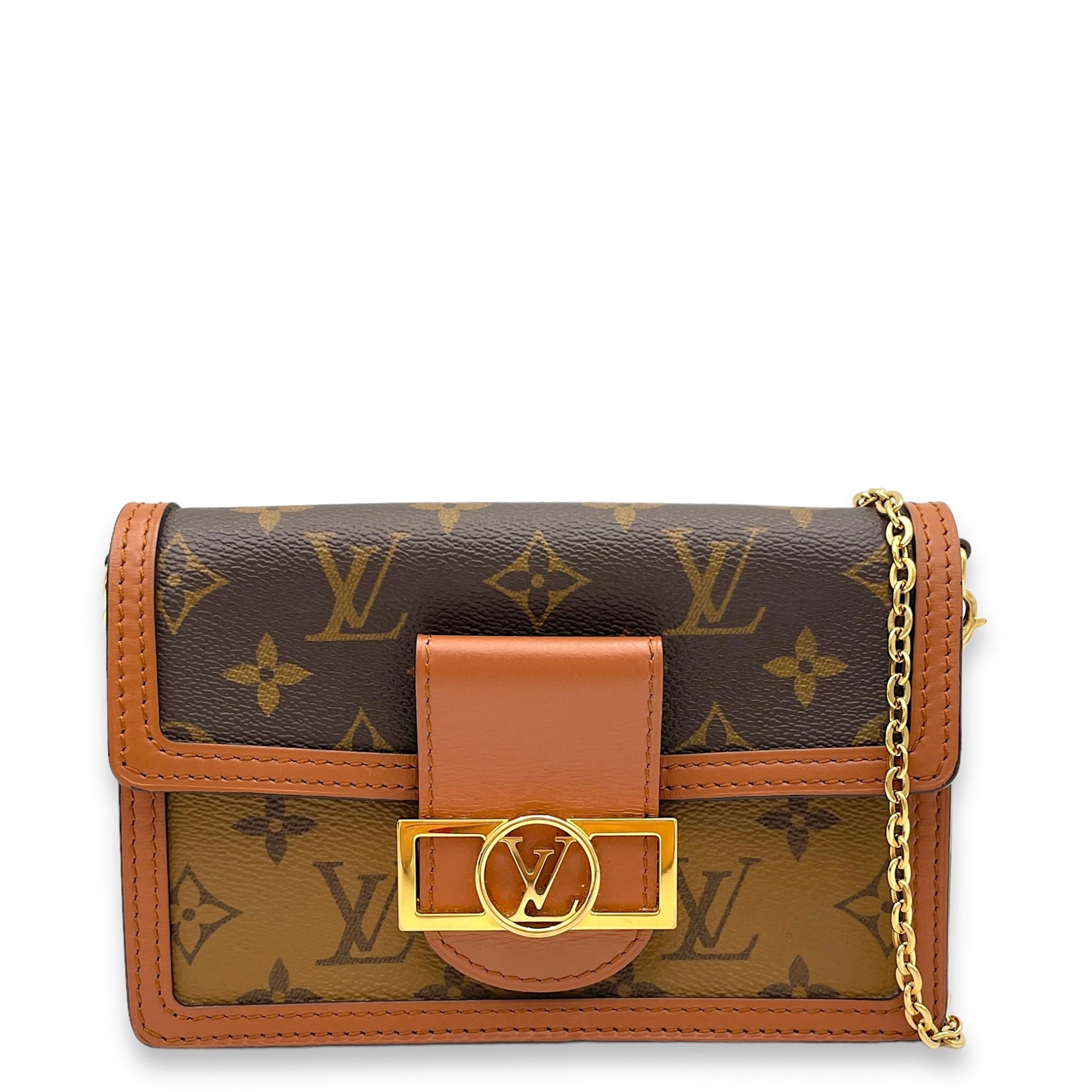 Dauphine Wallet On Chain Brown in Monogram Coated Canvas, Gold hardware