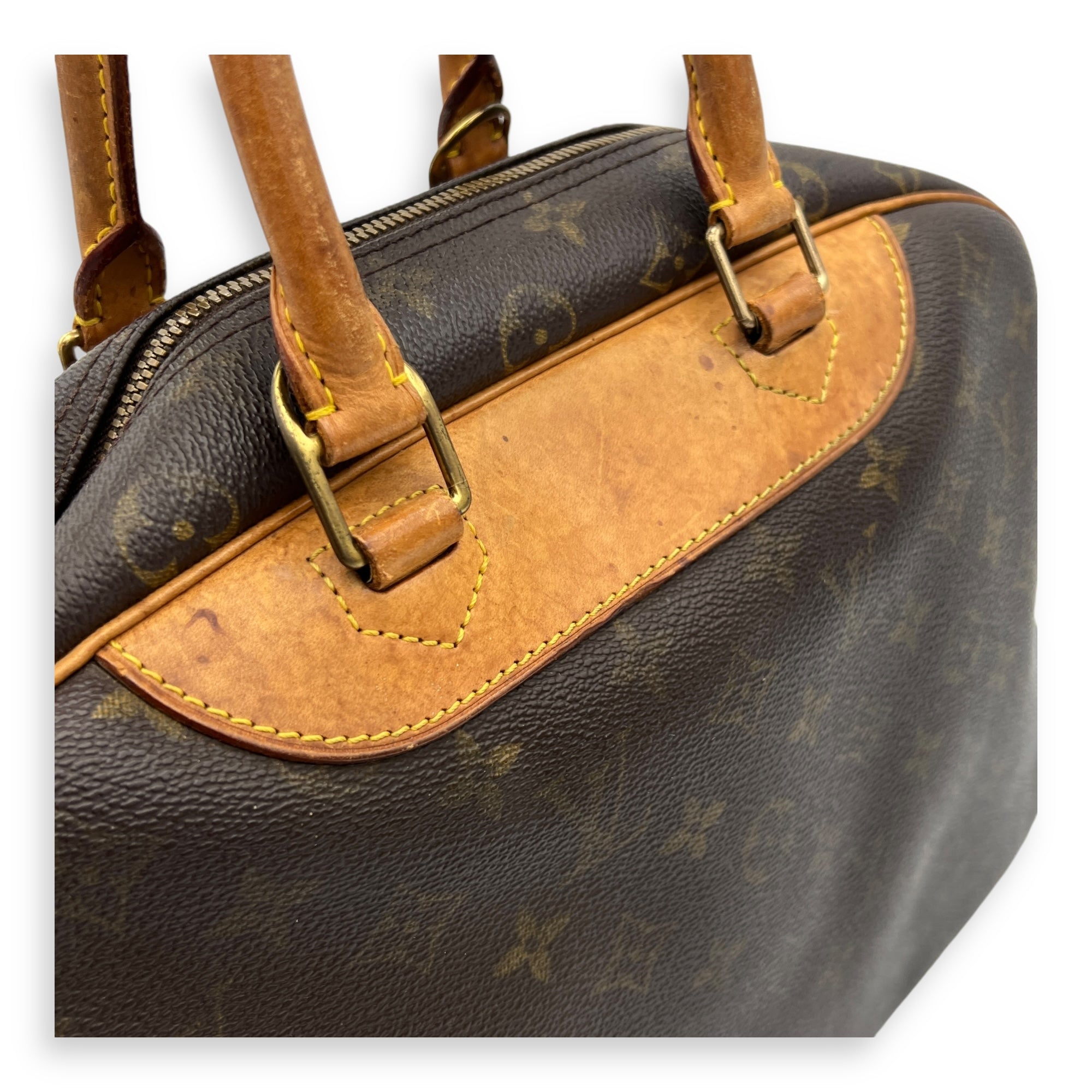 Deauville Top Handle Bag Brown in Monogram Coated Canvas, Gold hardware