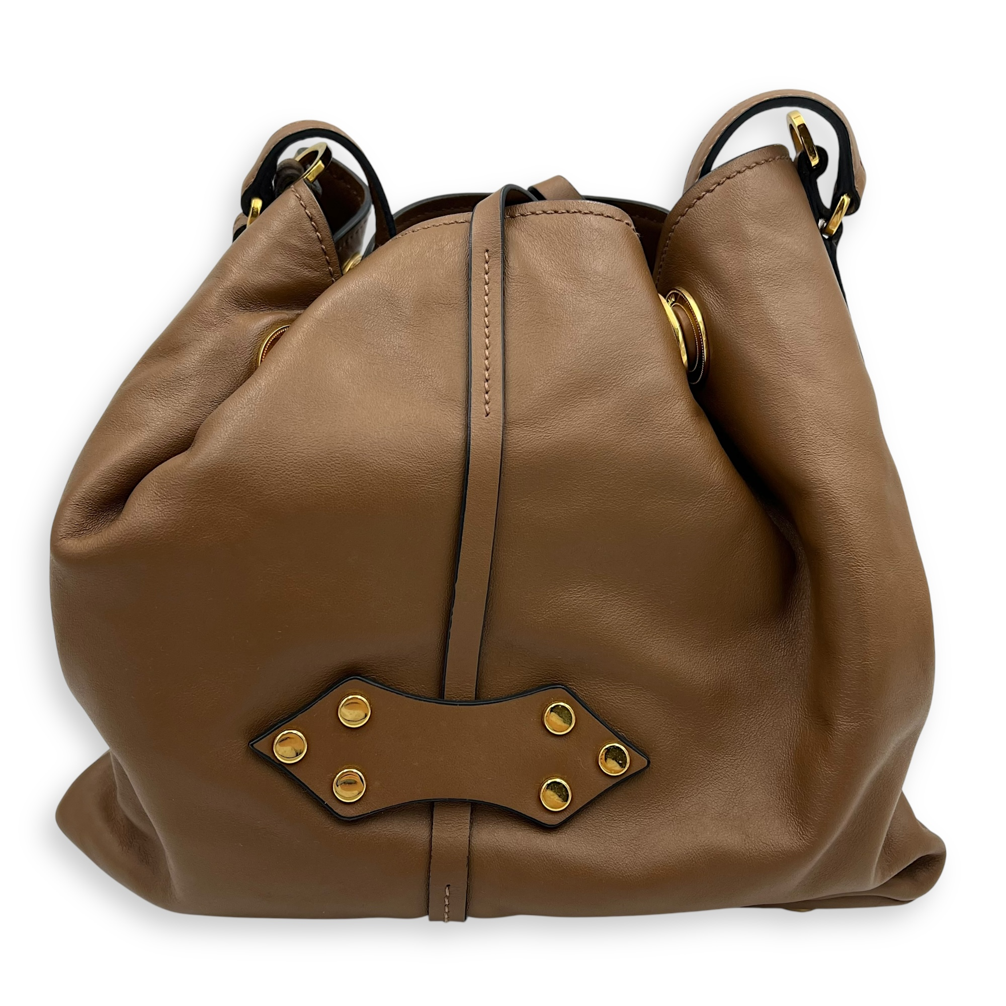 Miu Miu Studs Bucket Bag Brown in Nappa Leather, Gold hardware_2