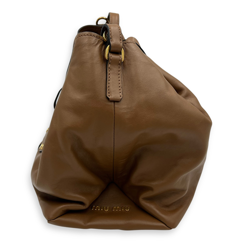 Miu Miu Studs Bucket Bag Brown in Nappa Leather, Gold hardware_4