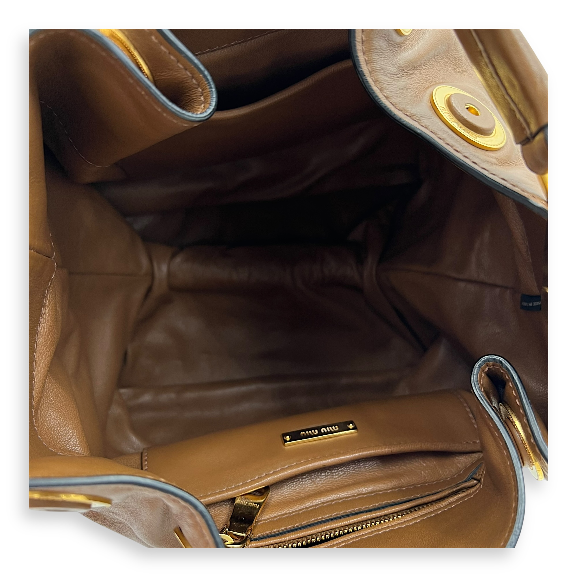 Miu Miu Studs Bucket Bag Brown in Nappa Leather, Gold hardware_6
