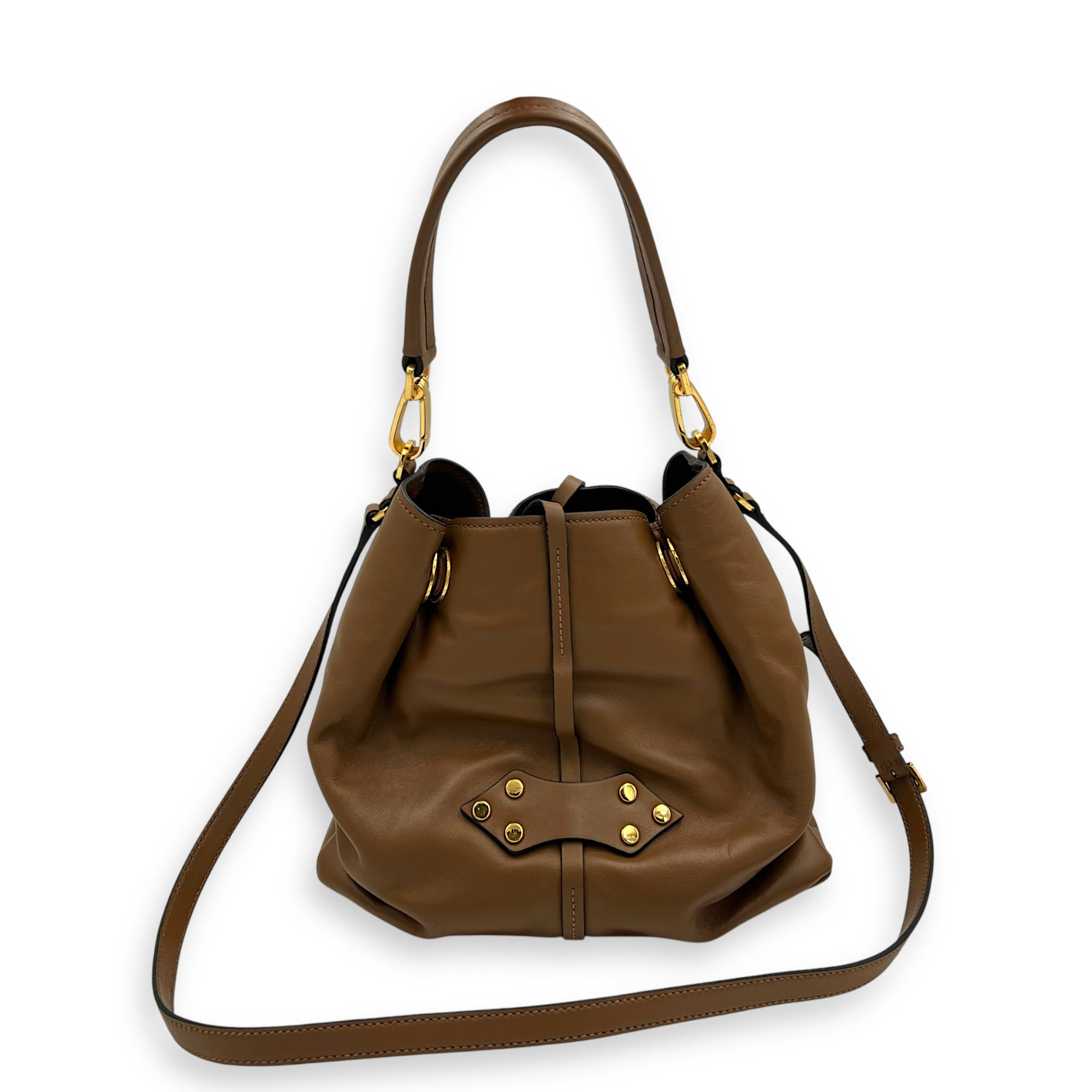 Miu Miu Studs Bucket Bag Brown in Nappa Leather, Gold hardware_7