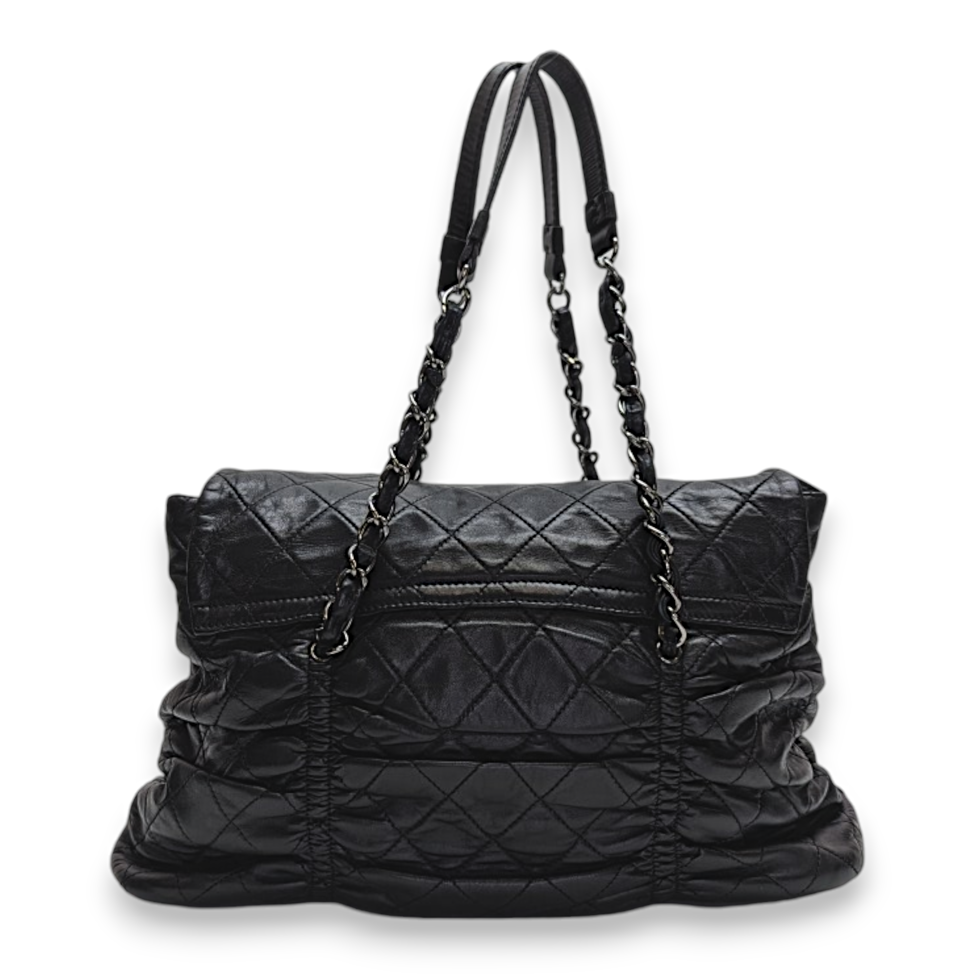 Rouched Black Tote Bag in Lambskin, Silver hardware