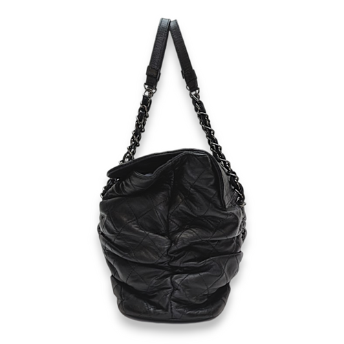 Rouched Black Tote Bag in Lambskin, Silver hardware