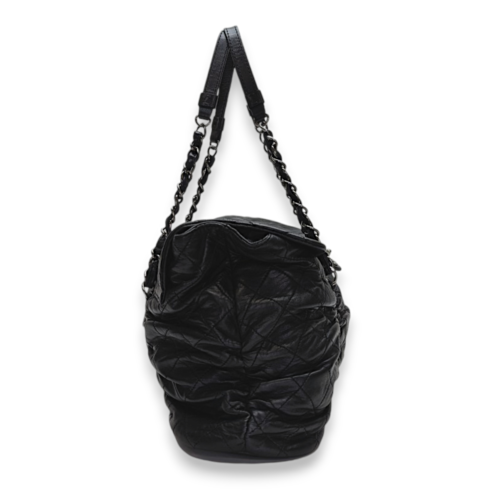 Rouched Black Tote Bag in Lambskin, Silver hardware