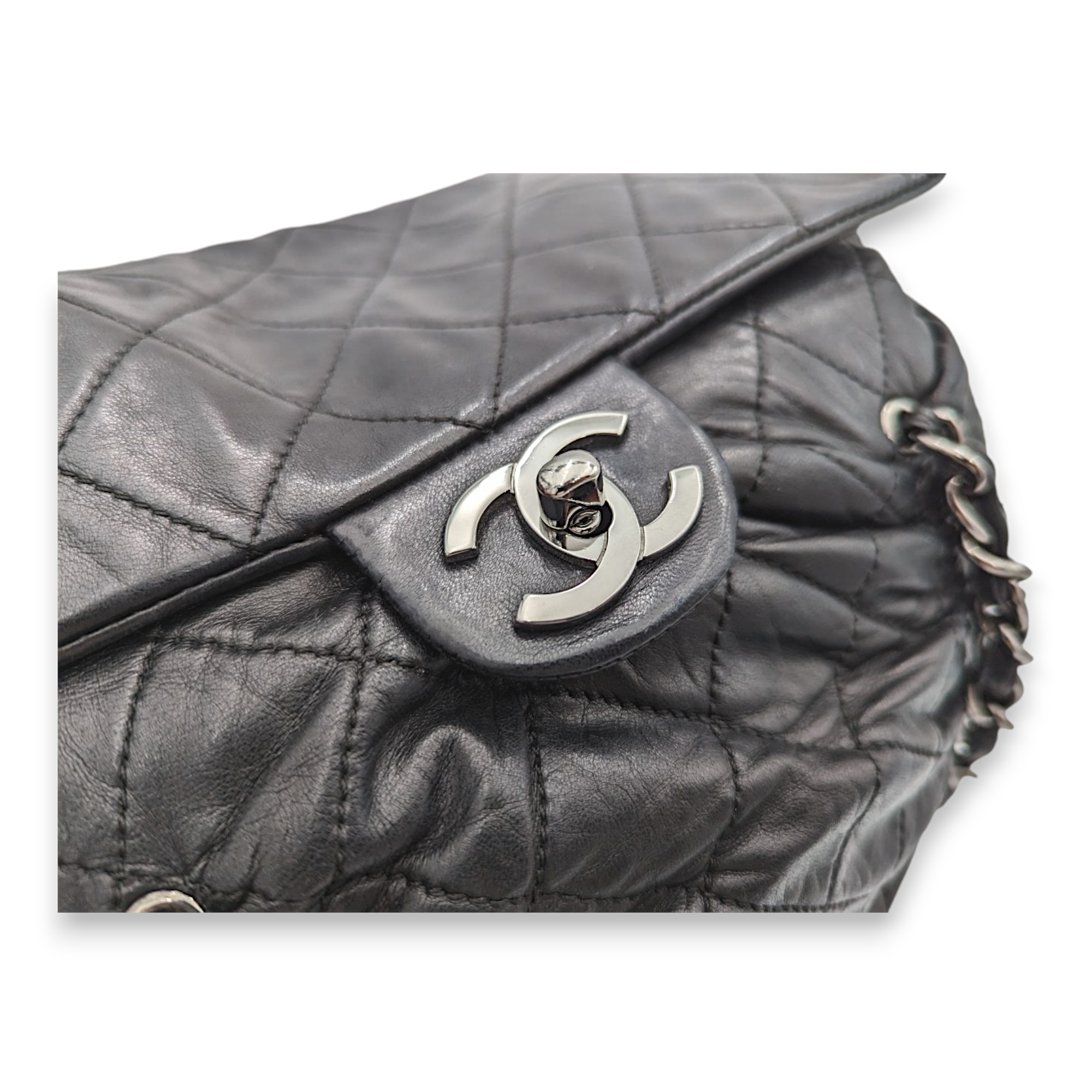 Rouched Black Tote Bag in Lambskin, Silver hardware