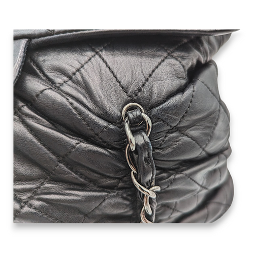 Rouched Black Tote Bag in Lambskin, Silver hardware