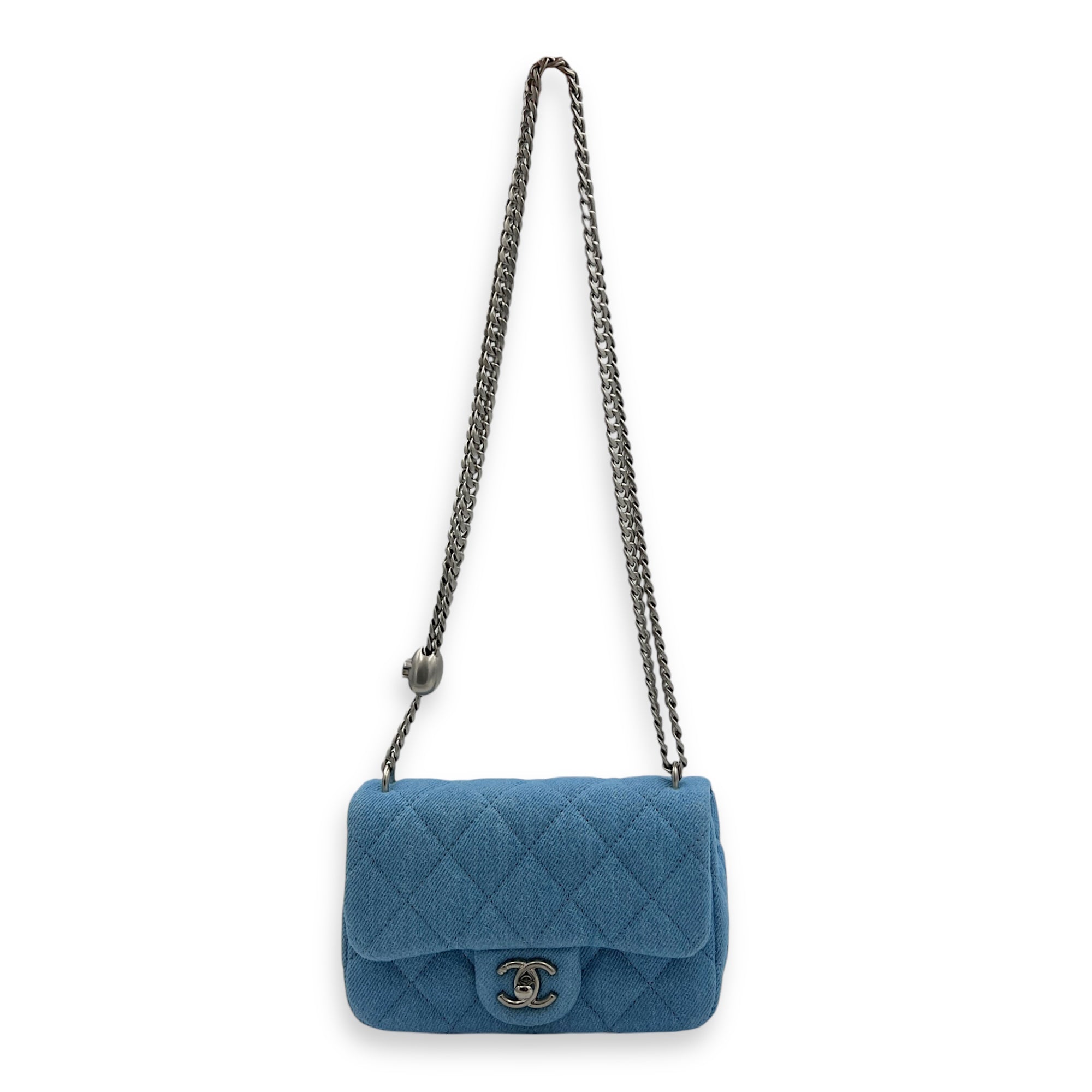 CC Pearl Crush Shoulder Bag Blue in Denim, Silver hardware