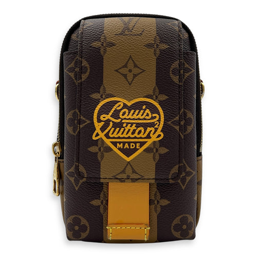 Nigo Flap Double Phone Pouch Brown Crossbody Bag in Coated Canvas, Gold hardware