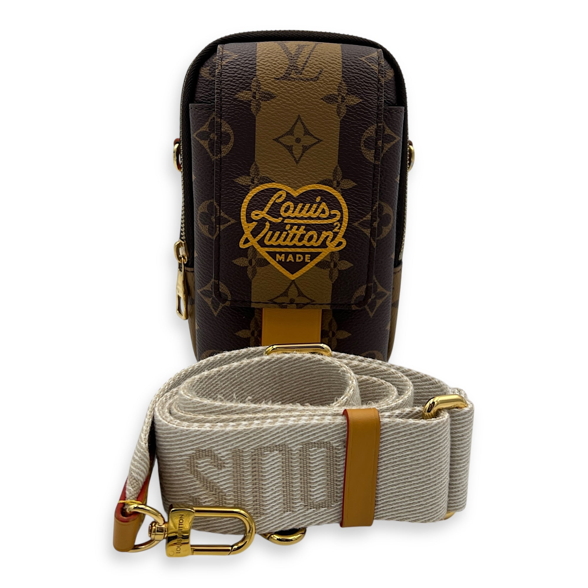 Nigo Flap Double Phone Pouch Brown Crossbody Bag in Coated Canvas, Gold hardware
