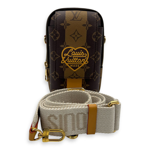 Nigo Flap Double Phone Pouch Brown Crossbody Bag in Coated Canvas, Gold hardware