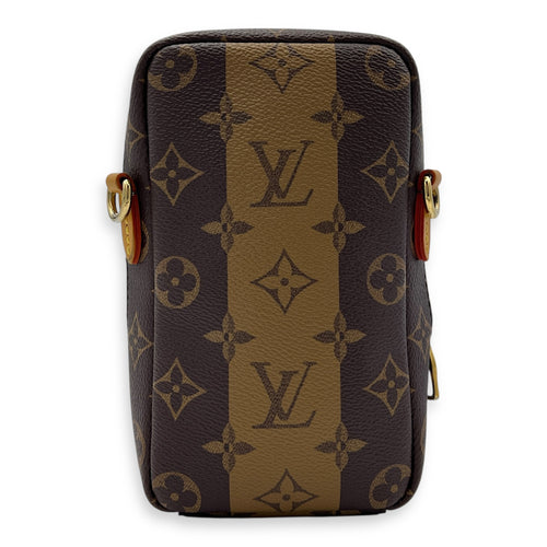 Nigo Flap Double Phone Pouch Brown Crossbody Bag in Coated Canvas, Gold hardware