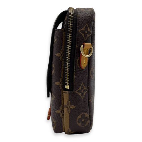 Nigo Flap Double Phone Pouch Brown Crossbody Bag in Coated Canvas, Gold hardware