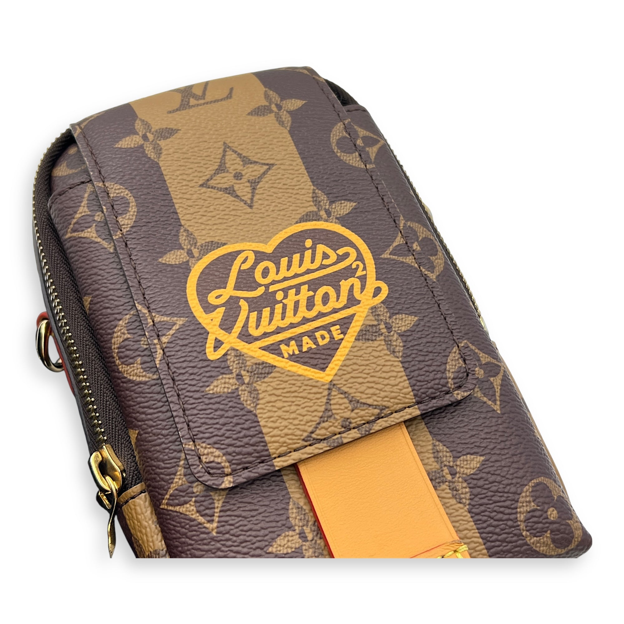Nigo Flap Double Phone Pouch Brown Crossbody Bag in Coated Canvas, Gold hardware