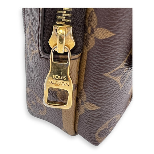 Nigo Flap Double Phone Pouch Brown Crossbody Bag in Coated Canvas, Gold hardware