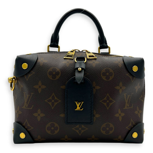 Petite Malle Souple Brown Top Handle Bag in Monogram Coated Canvas, Gold hardware