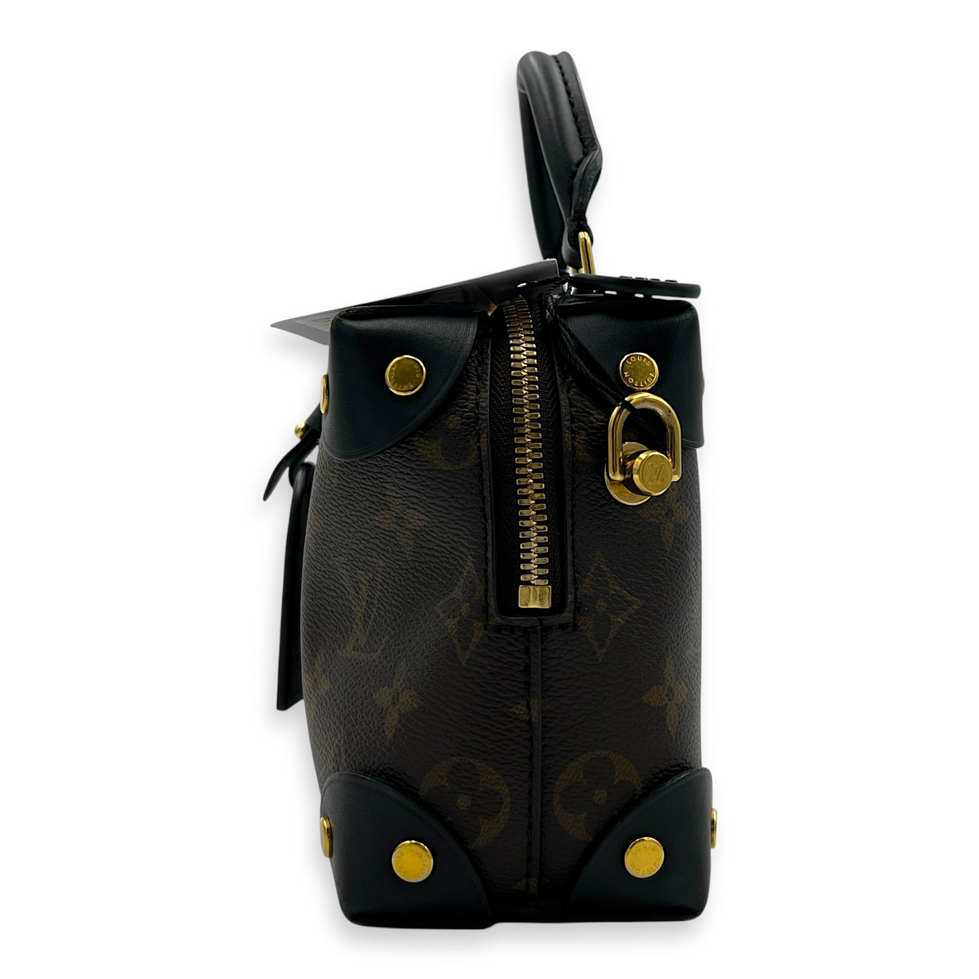 Petite Malle Souple Brown Top Handle Bag in Monogram Coated Canvas, Gold hardware