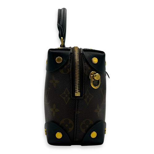 Petite Malle Souple Brown Top Handle Bag in Monogram Coated Canvas, Gold hardware