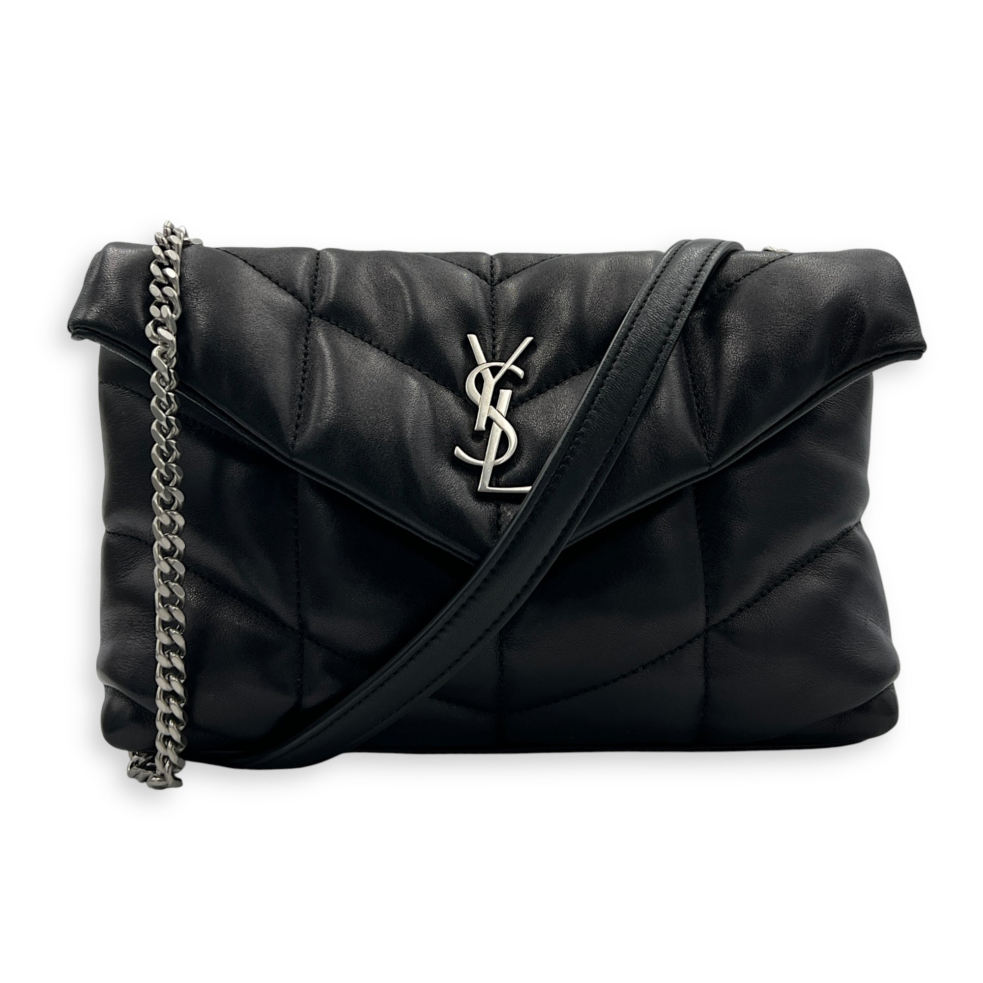 Puffer Black Shoulder Bag in Lambskin, Silver hardware