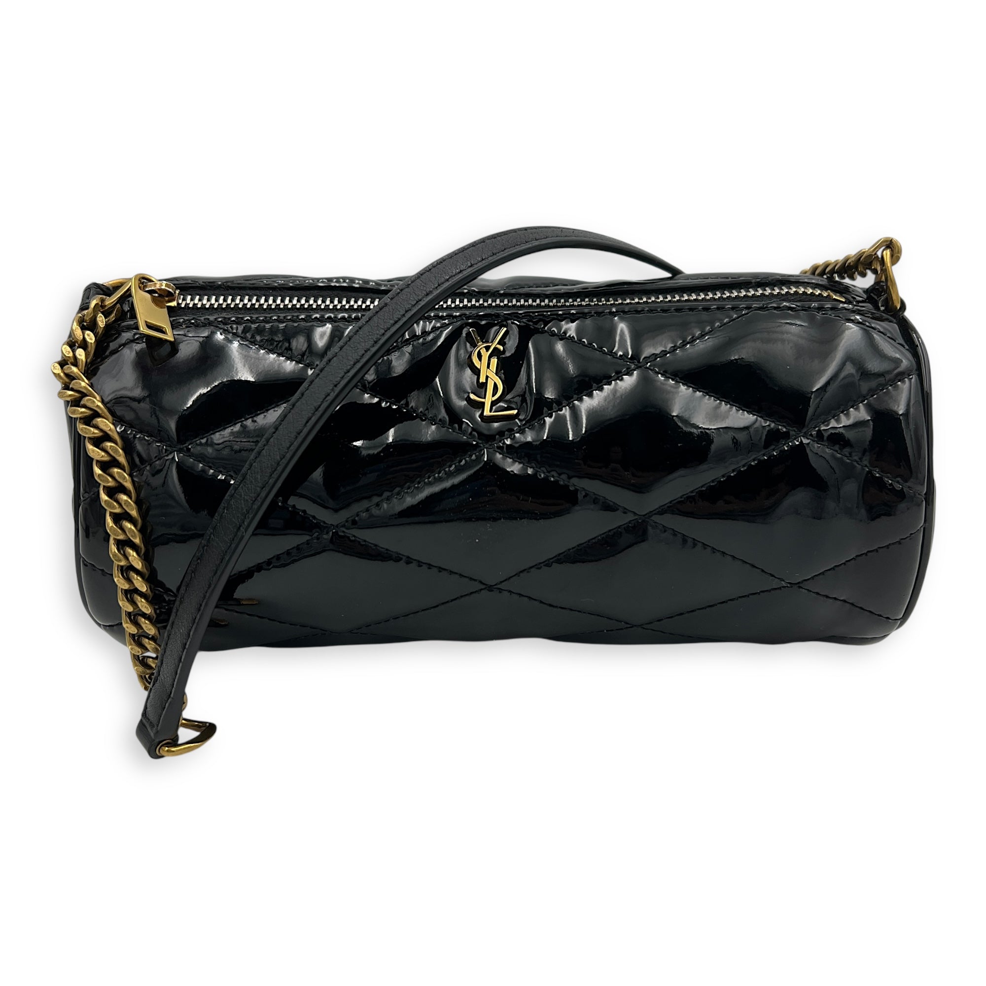 Sade Tube Black Shoulder Bag in Patent Leather, Gold hardware