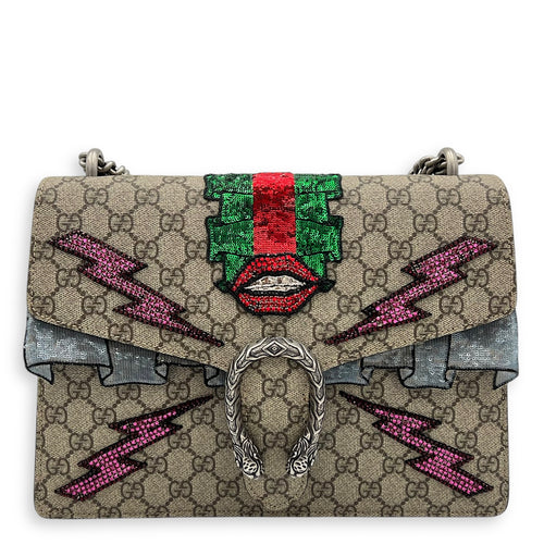 Dionysus Shoulder Bag Brown in Coated Canvas, Ruthenium hardware