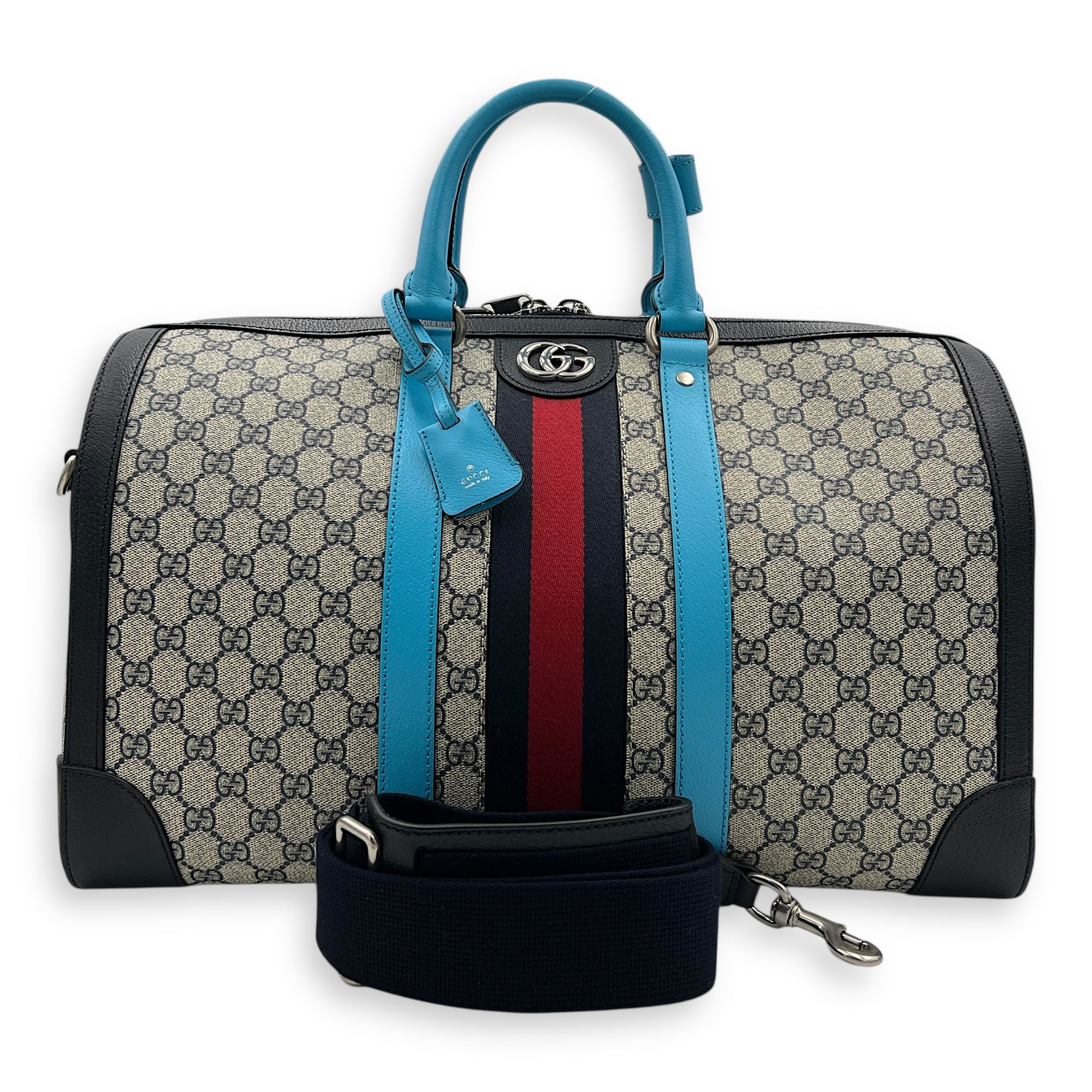 Safoy Blue Duffle Bag in Coated Canvas, Silver hardware