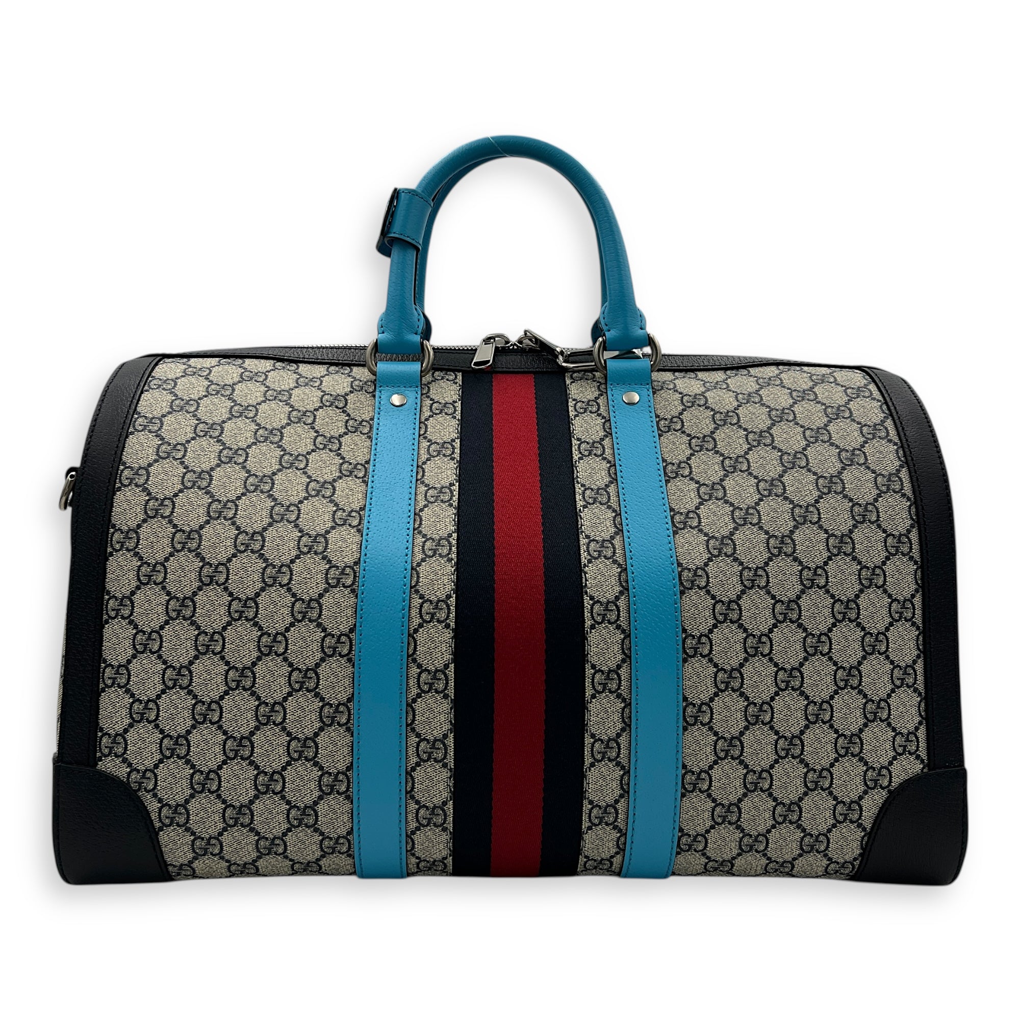 Safoy Blue Duffle Bag in Coated Canvas, Silver hardware