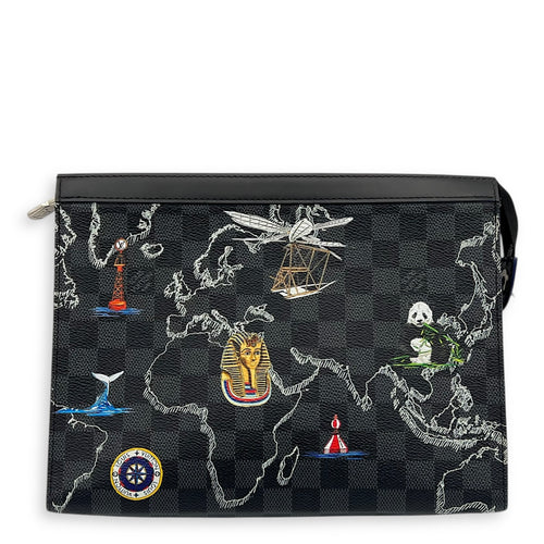 Pochette Toilette Graphite Map Pouch Black in Coated Canvas, Silver hardware