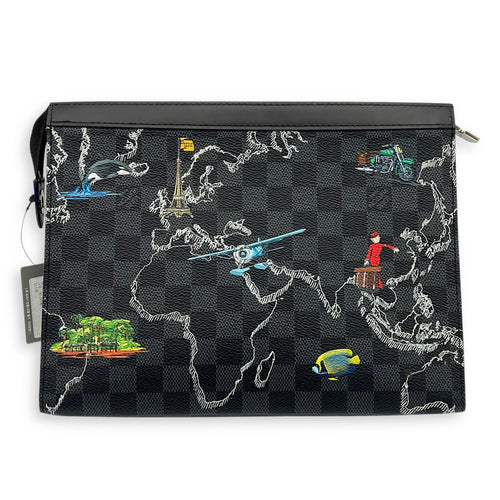 Pochette Toilette Graphite Map Pouch Black in Coated Canvas, Silver hardware