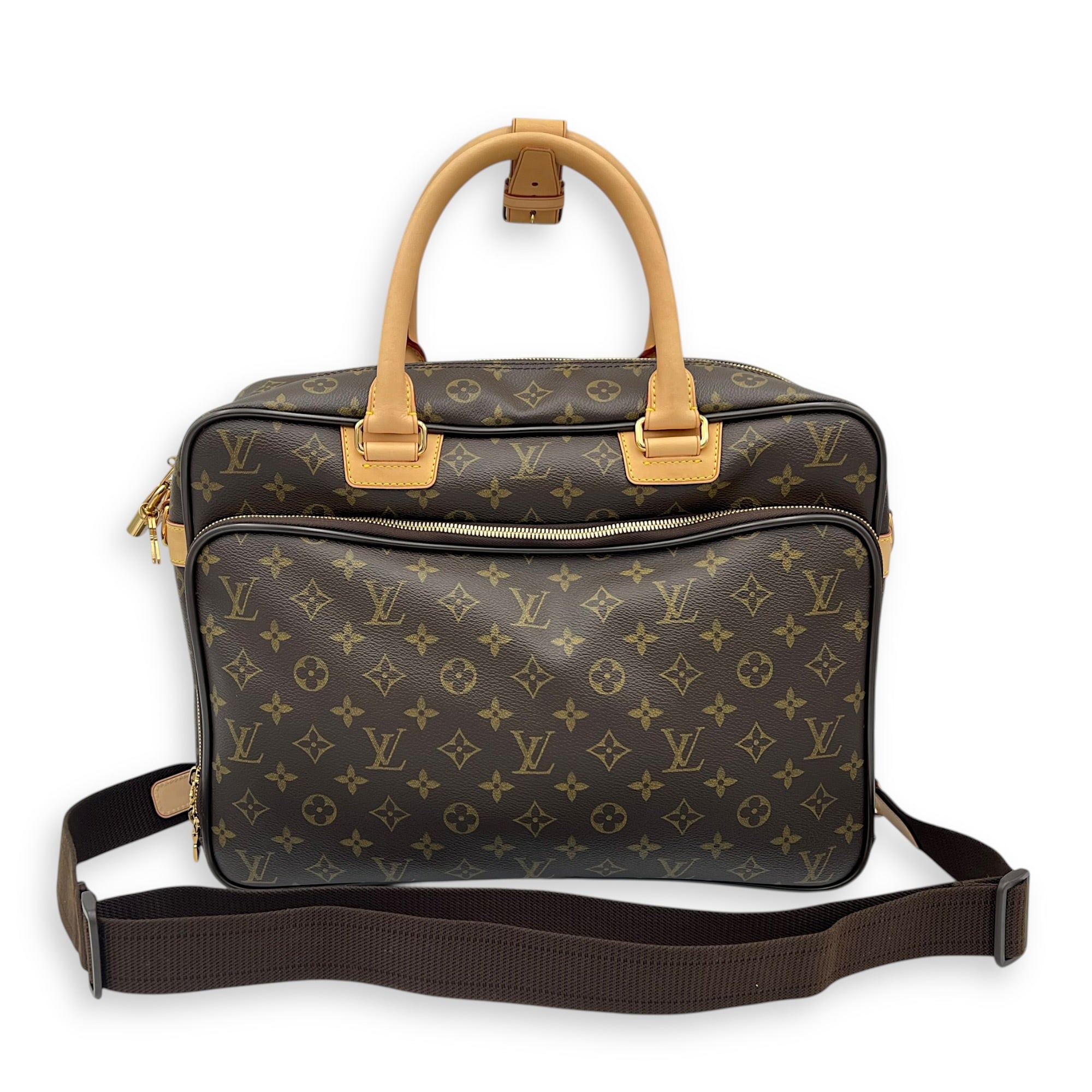 ICare Top Handle Bag Brown in Monogram Coated Canvas, Gold hardware