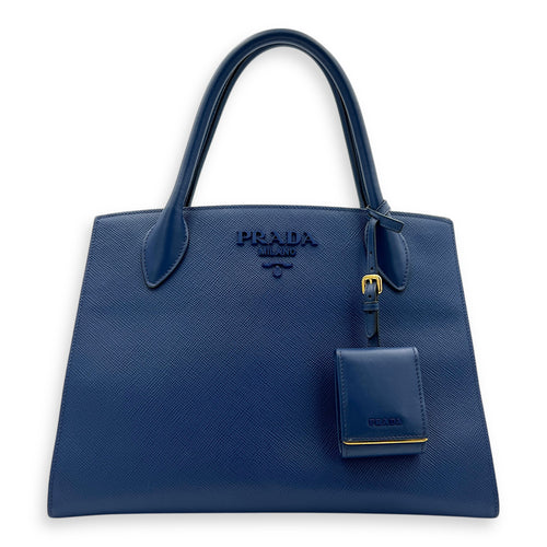 Monochrome Top Handle Bag Blue in Saffiano Leather, Gold hardware