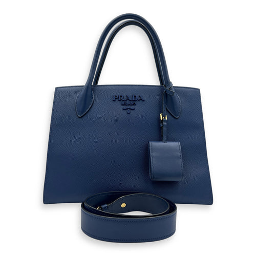 Monochrome Top Handle Bag Blue in Saffiano Leather, Gold hardware
