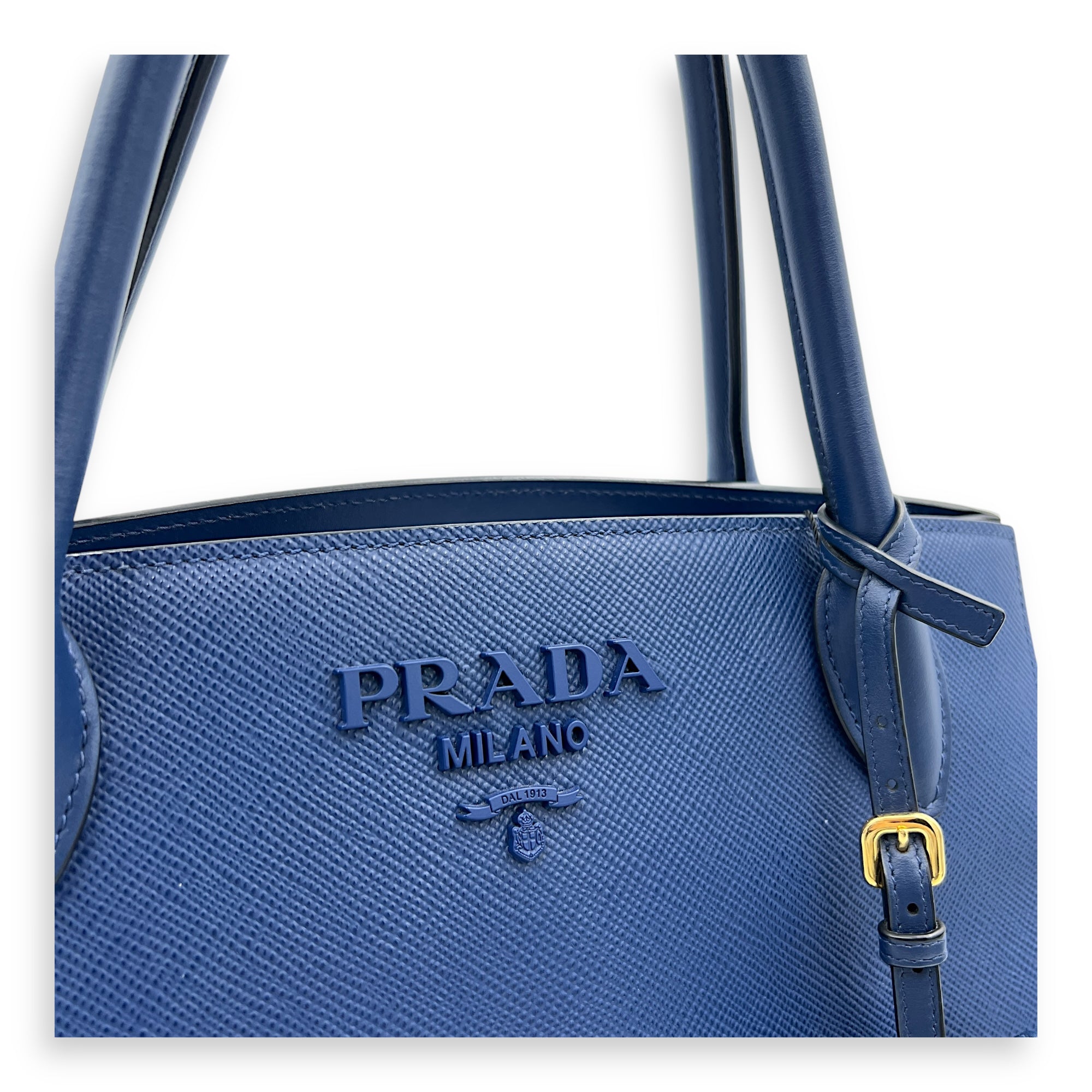 Monochrome Top Handle Bag Blue in Saffiano Leather, Gold hardware
