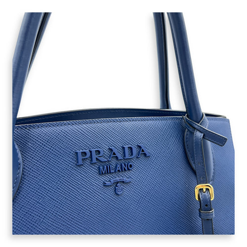 Monochrome Top Handle Bag Blue in Saffiano Leather, Gold hardware