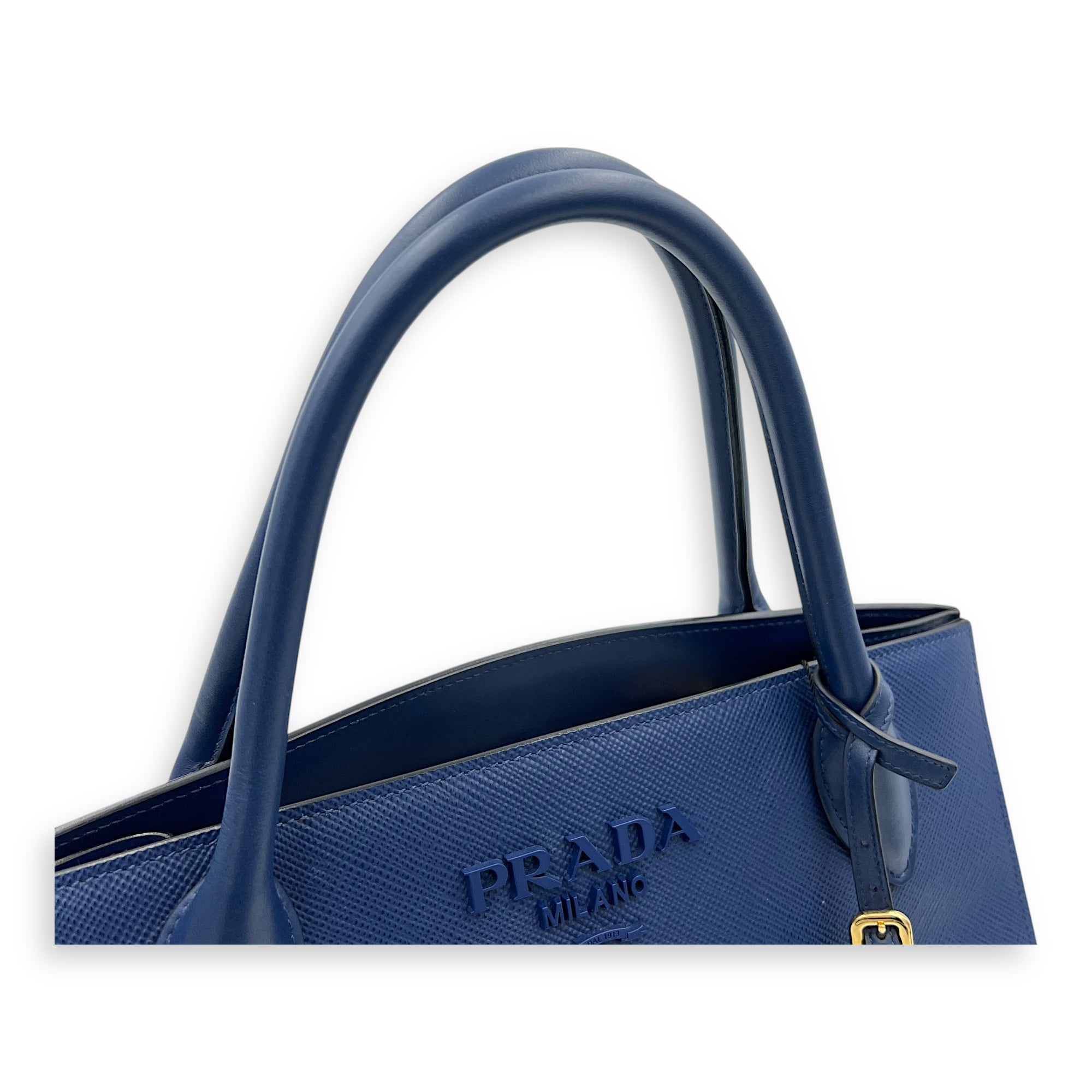 Monochrome Top Handle Bag Blue in Saffiano Leather, Gold hardware