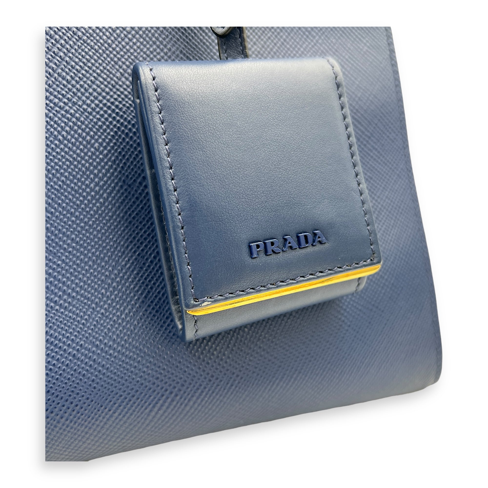 Monochrome Top Handle Bag Blue in Saffiano Leather, Gold hardware