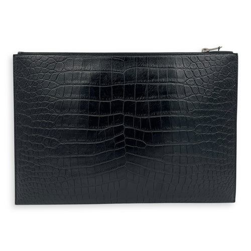 Logo Pouch Black in Crocodile Embossed Calfskin, Silver hardware