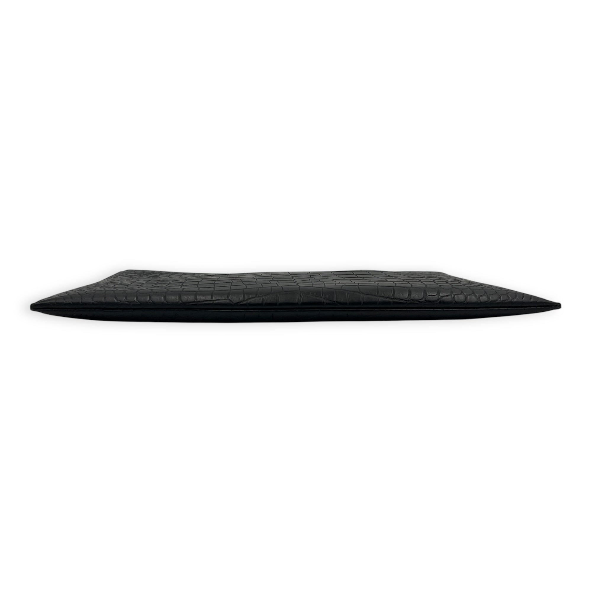 Logo Pouch Black in Crocodile Embossed Calfskin, Silver hardware