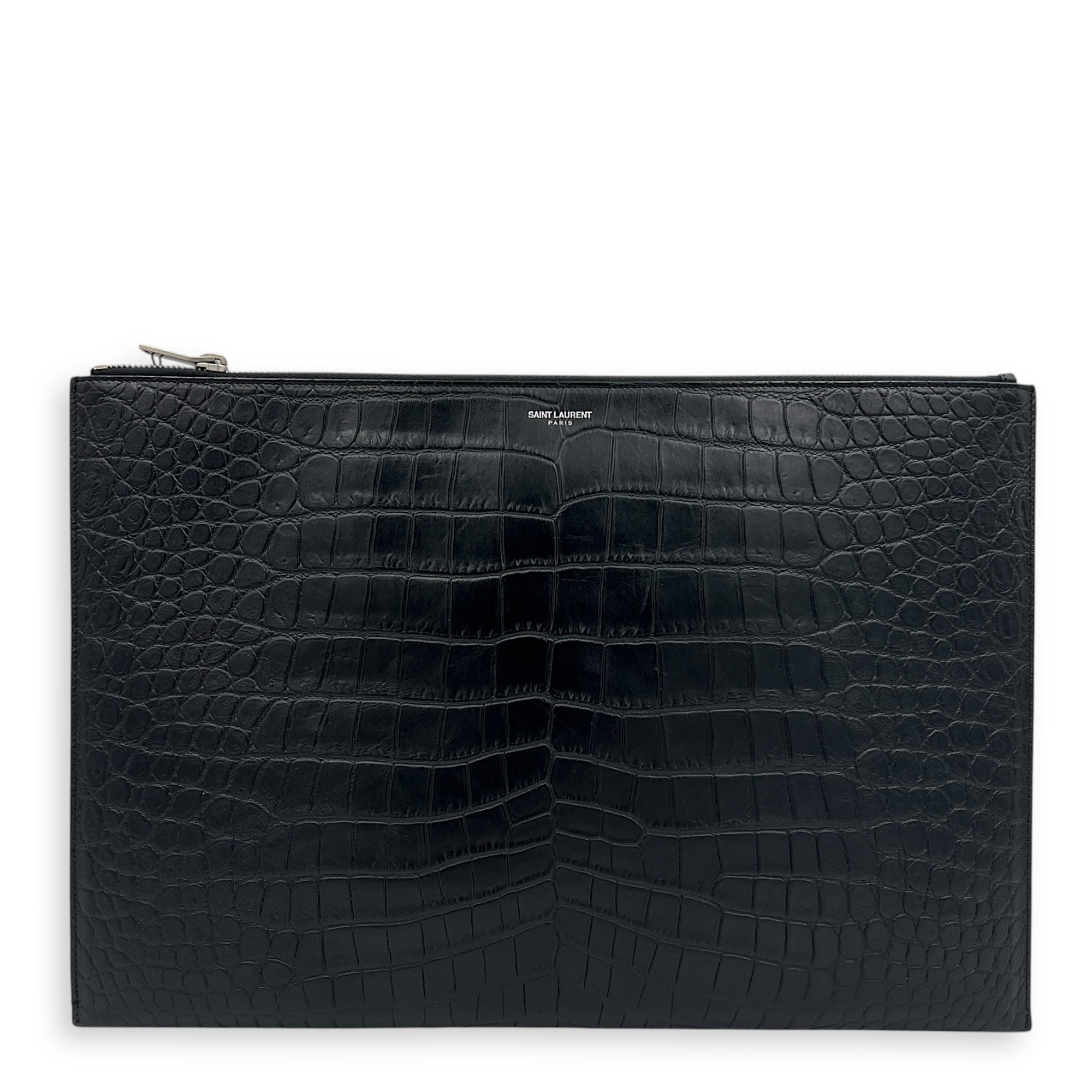Logo Pouch Black in Crocodile Embossed Calfskin, Silver hardware