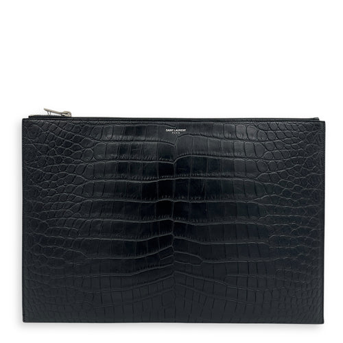 Logo Pouch Black in Crocodile Embossed Calfskin, Silver hardware