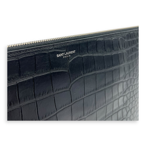 Logo Pouch Black in Crocodile Embossed Calfskin, Silver hardware