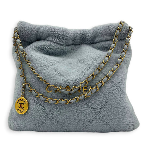 22 Tote Small Blue Tote Bag in Shearling, Gold hardware