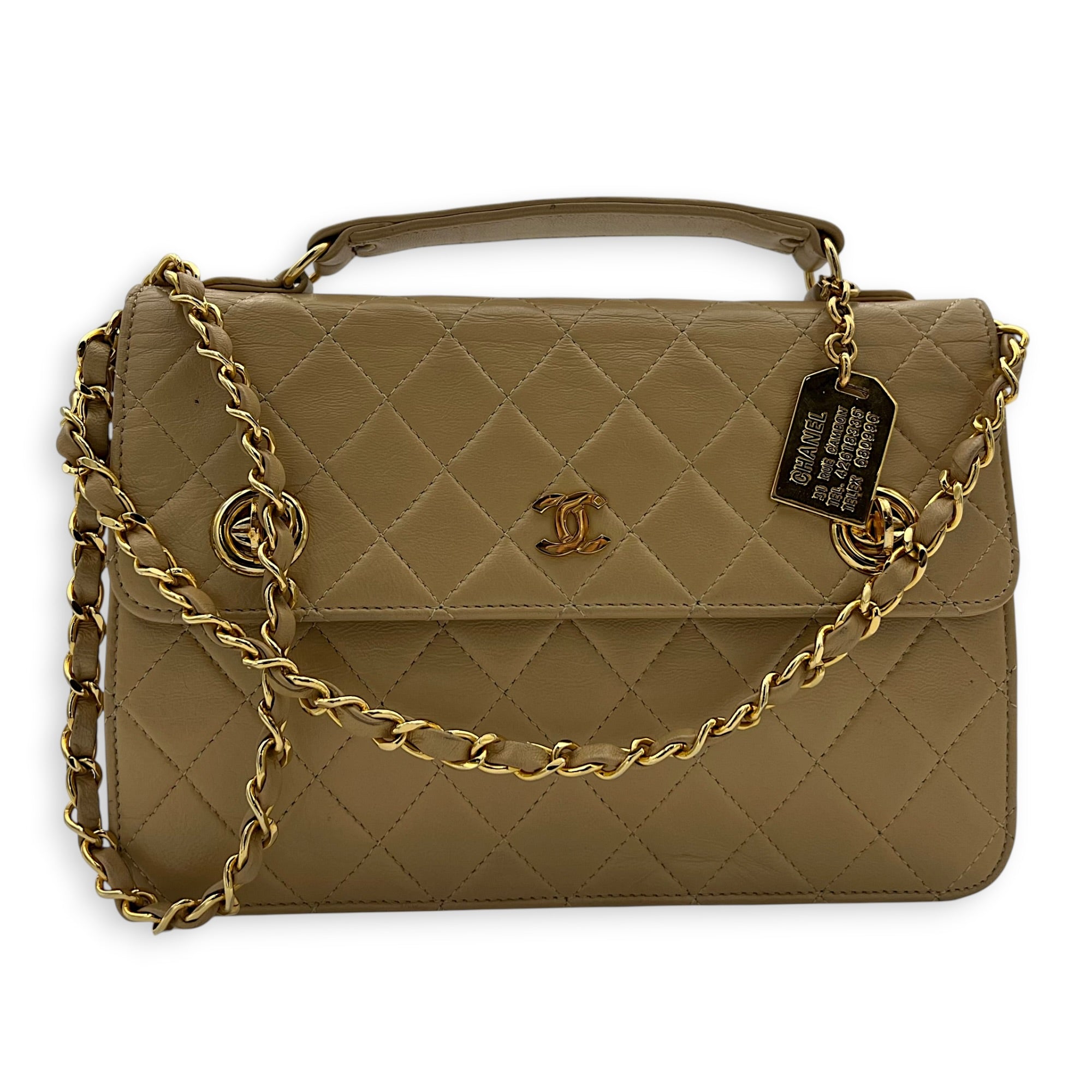 Vintage CC Double Turnlock Shoulder Bag Beige in Lambskin, Gold hardware