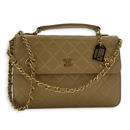 Vintage CC Double Turnlock Shoulder Bag Beige in Lambskin, Gold hardware