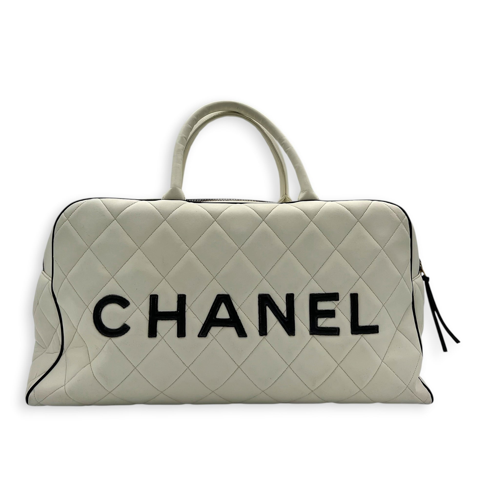 CC Bowling White (recoloured) Top Handle Bag in Calfskin, Gold hardware