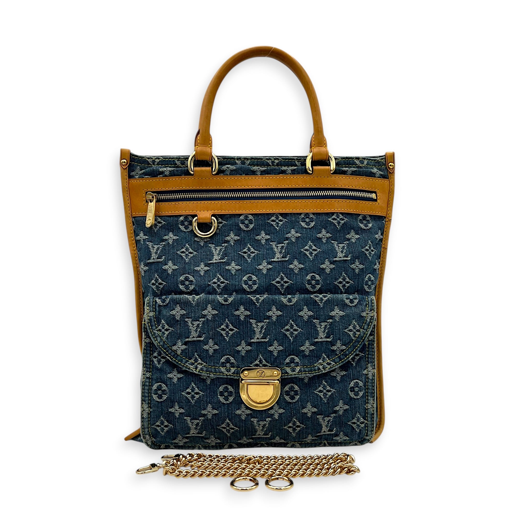 Sac Plat Shopper Top Handle Bag Blue in Denim, Gold hardware