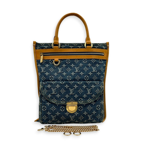 Sac Plat Shopper Top Handle Bag Blue in Denim, Gold hardware